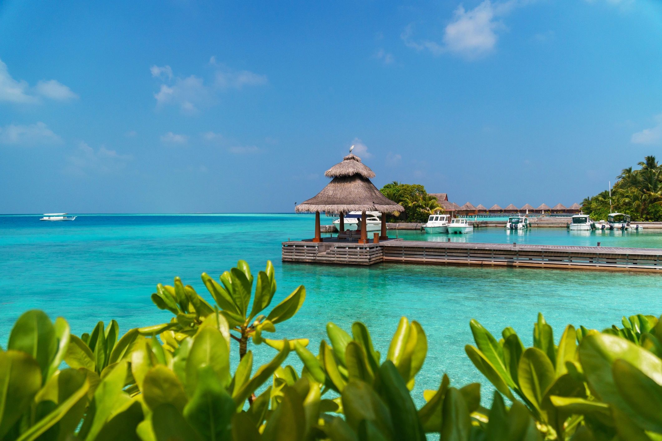 Maldives overwater resort villas on a sunny day