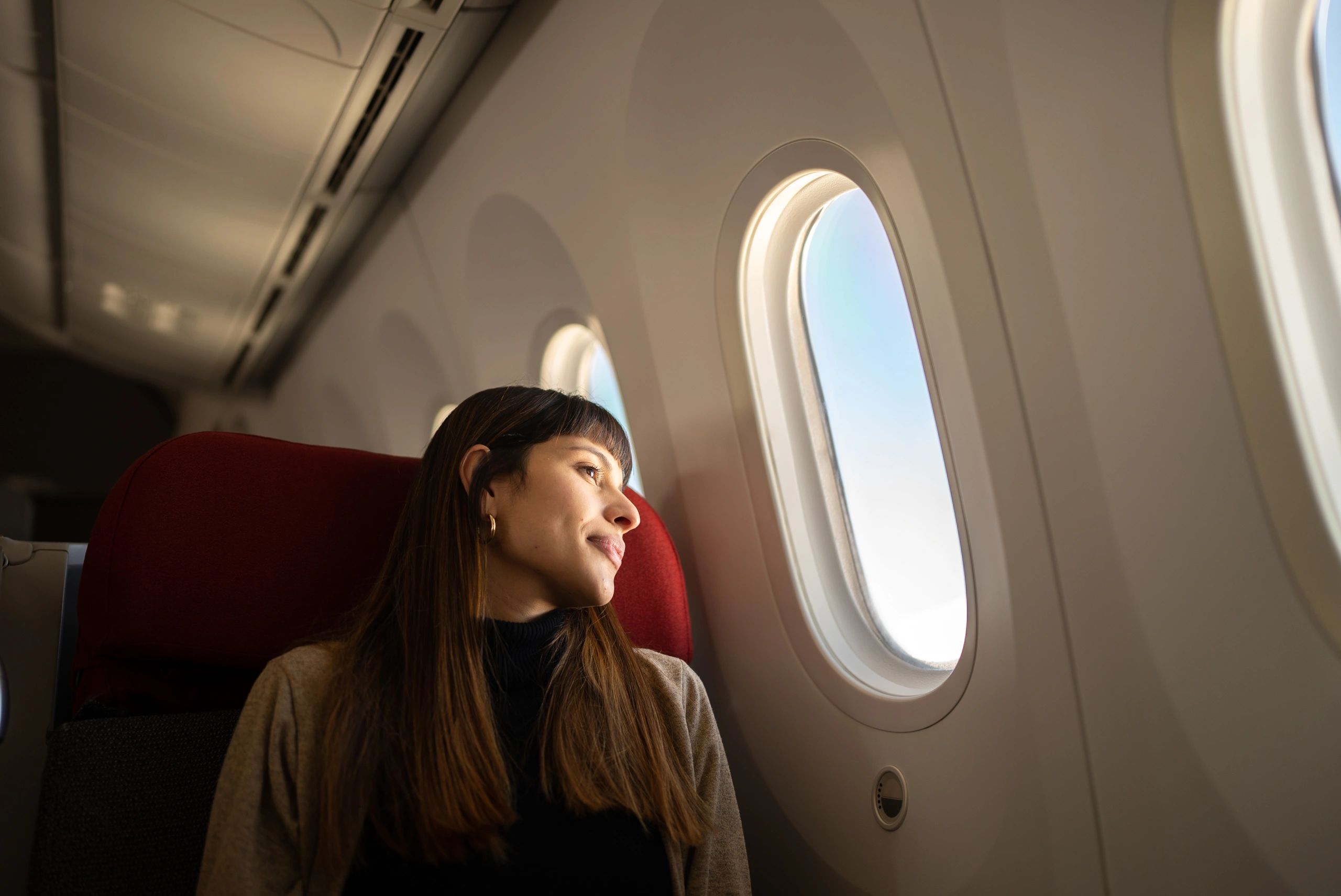 Traveler enjoying a premium flight experience