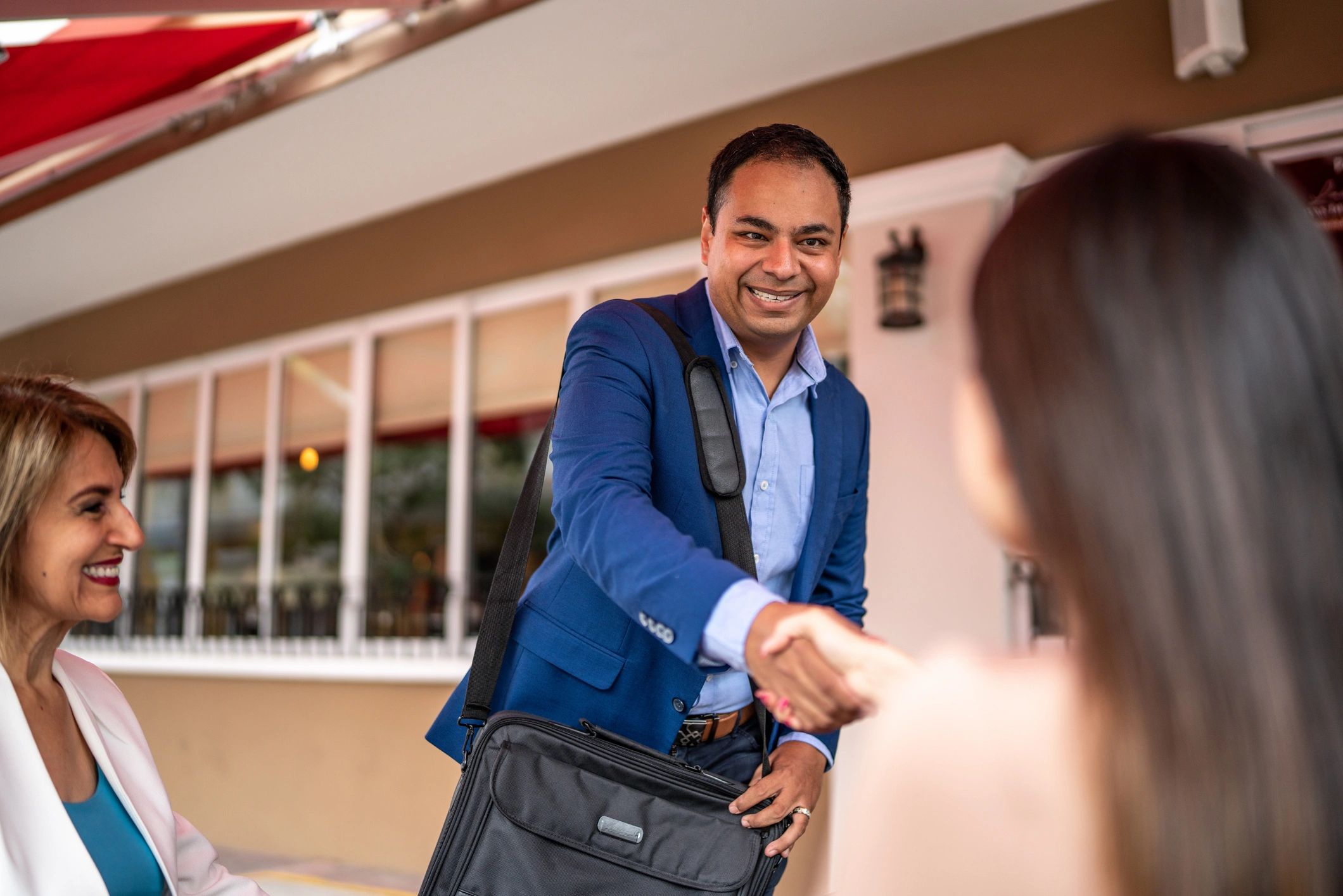 Business travelers meeting before a trip