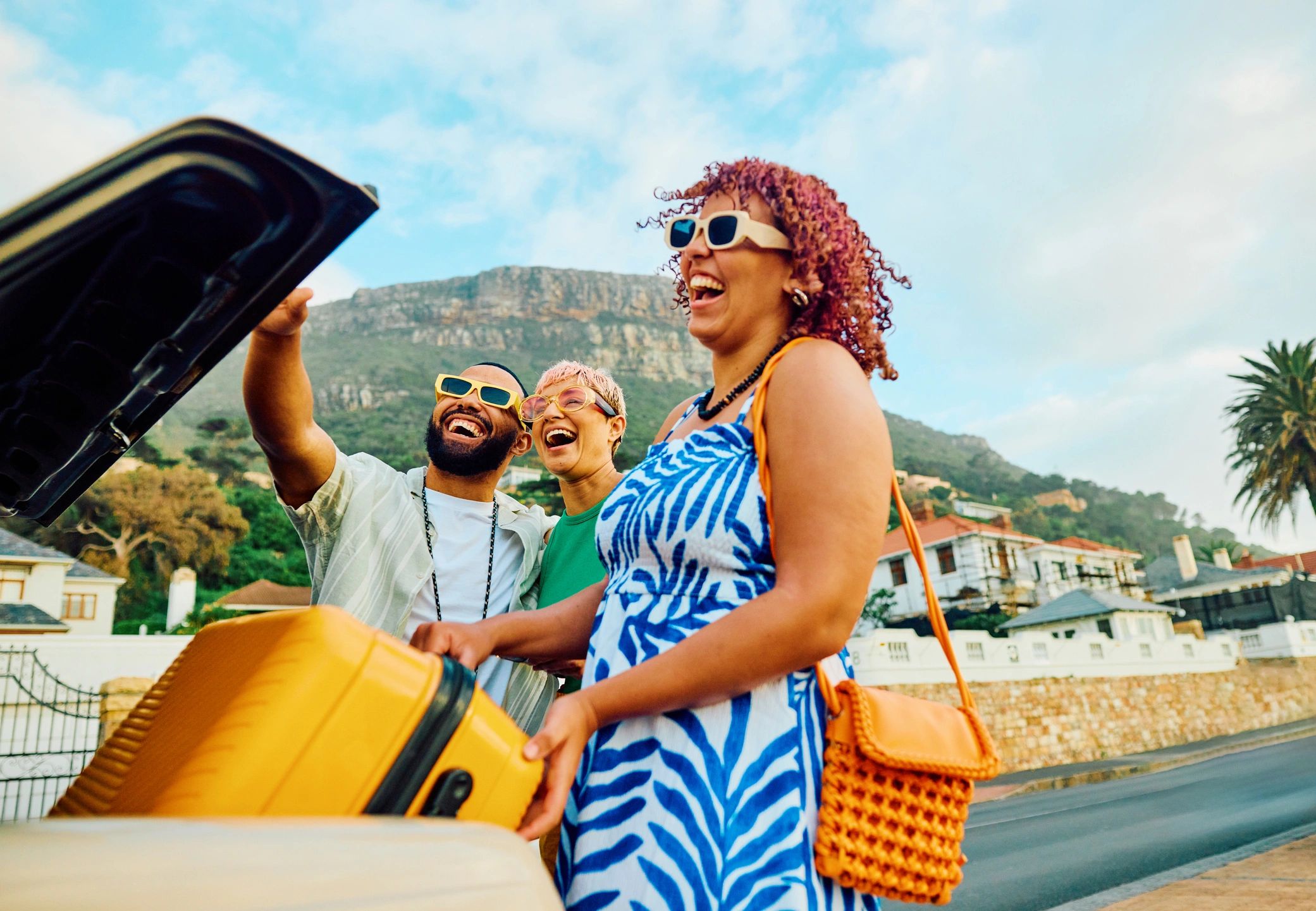 Happy traveler sharing a positive holiday experience