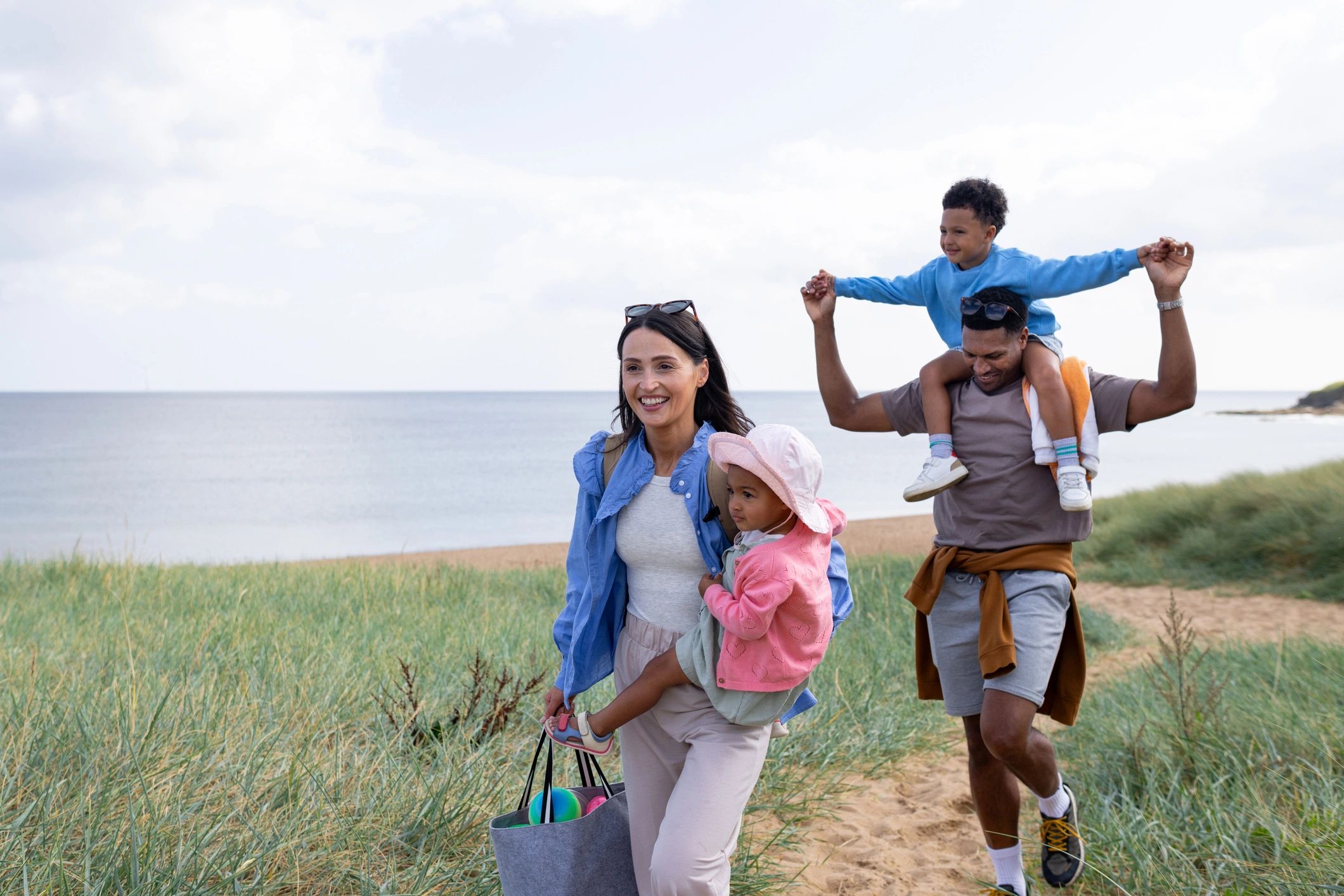 Family walking together on a scenic holiday