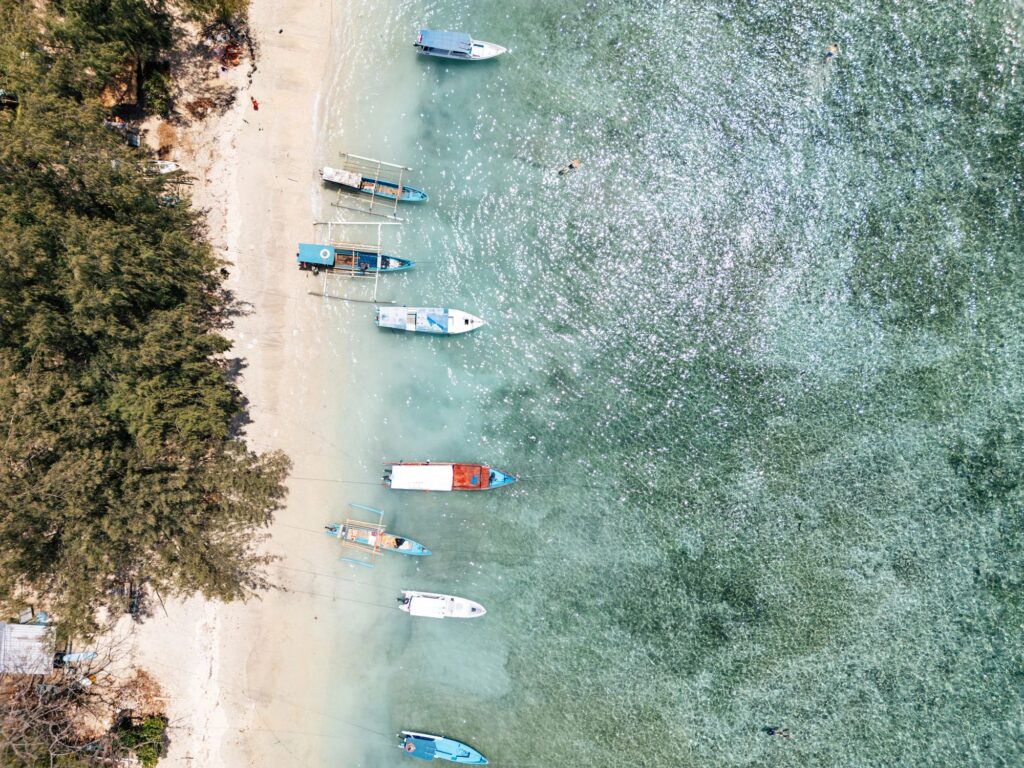 Lombok Utara beach with traditional fishing boats