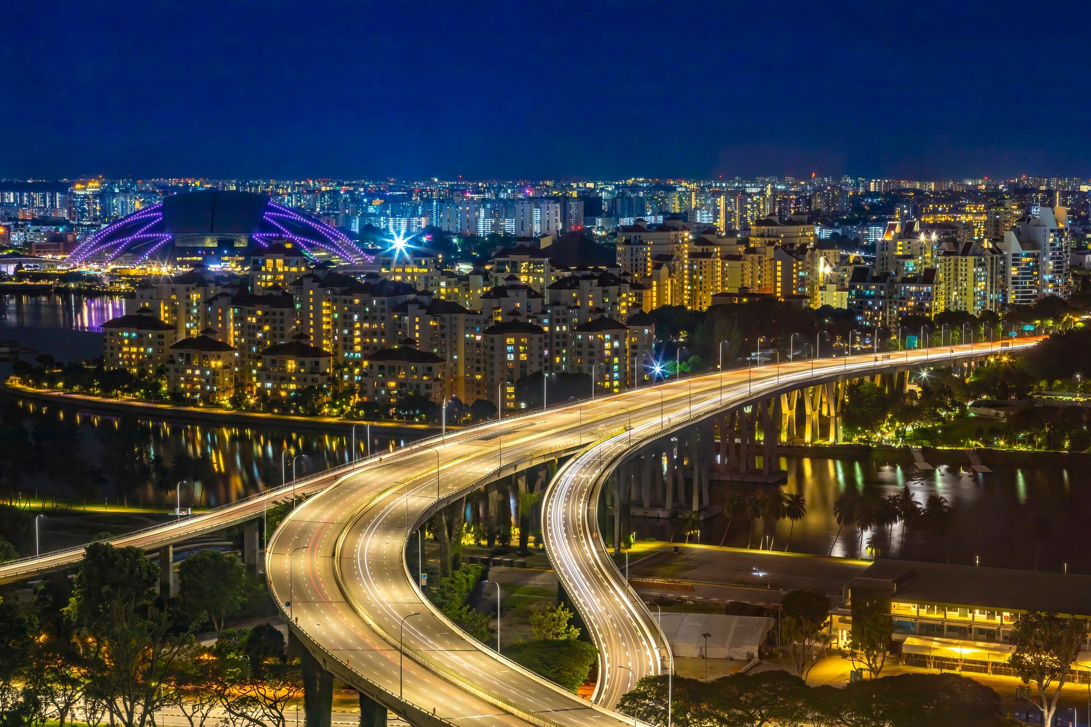 Modern international city travel scene at night