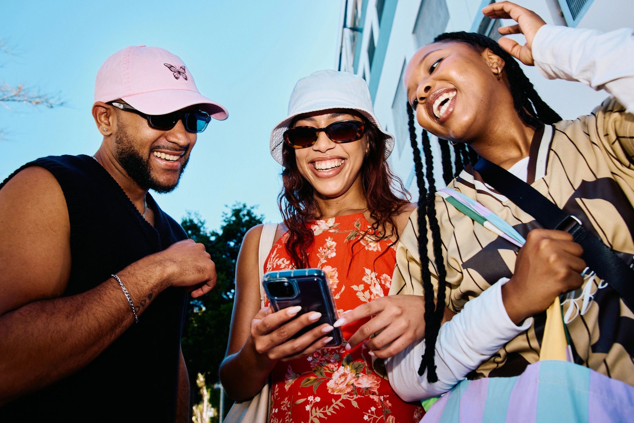 Travelers using a smartphone during city exploration